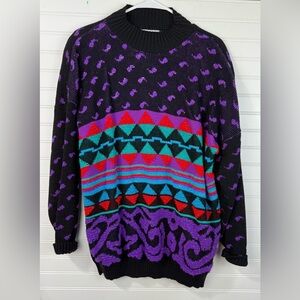 Vintage women’s 80’s black colorful geo print sparkle knit sweater size L- XL